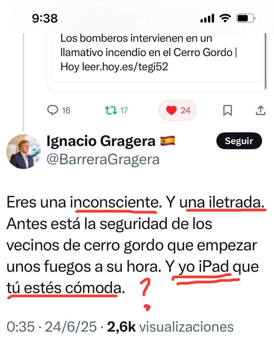 Ritaalberdi's tweet photo. Al alcalde Gragera de Badajoz, le ha ofendido la crítica d Silvia @silgoncha, portavoz PSOE, por el retraso en los fuegos de San Juan. 
Con su respuesta demuestra su mala educación, falta de autocrítica, nervios y mala gestión de una ciudad de más de 150 mil habitantes #YyoiPad? https://t.co/K0RQXyzQha