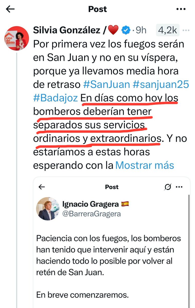 Ritaalberdi's tweet photo. Al alcalde Gragera de Badajoz, le ha ofendido la crítica d Silvia @silgoncha, portavoz PSOE, por el retraso en los fuegos de San Juan. 
Con su respuesta demuestra su mala educación, falta de autocrítica, nervios y mala gestión de una ciudad de más de 150 mil habitantes #YyoiPad? https://t.co/K0RQXyzQha
