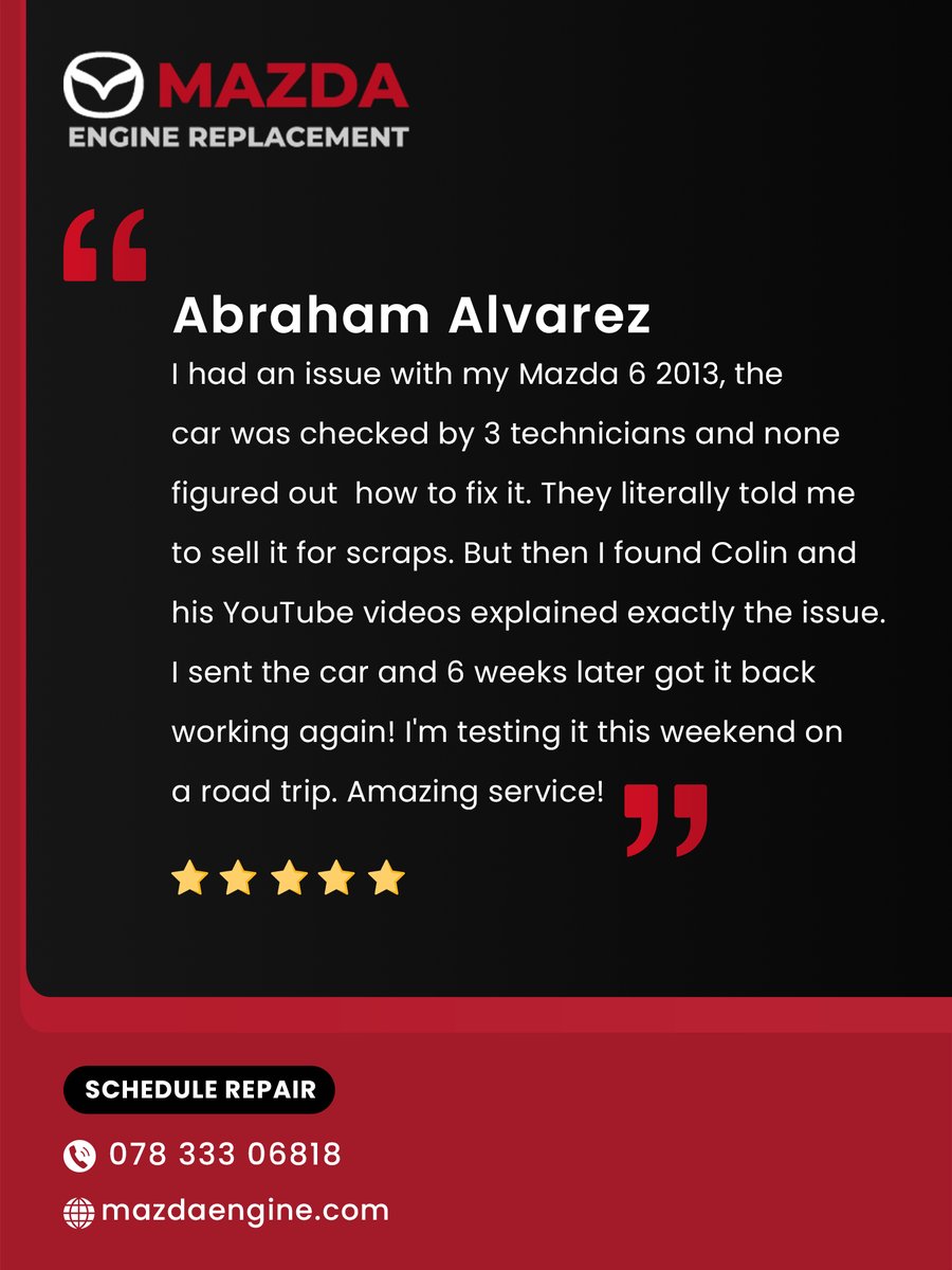 ColinHagan3's tweet photo. Thank you, Abraham Alvarez! We're thrilled your Mazda 6 is back and road-trip ready again! #ThankYouAbraham #Mazda6Repair #HappyMazdaCustomer #MazdaEngineSolved #ColinFixedIt #Mazda6Revival #EngineRepairExperts #CustomerSuccessStory #MazdaDieselFix #MazdaBackOnRoad https://t.co/jHyKMBsguh