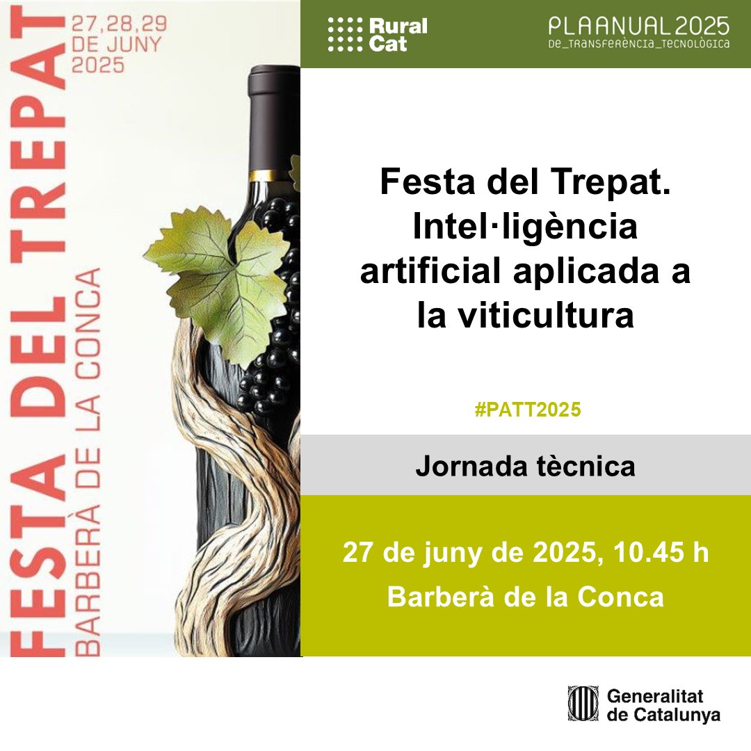ruralcat's tweet photo. 📌Jornada tècnica: Festa del Trepat. Intel·ligència artificial aplicada a la viticultura #PATT2025

📍 Barberà de la Conca
🗓️ 27 de juny de 2025
🕘 10.45 h

https://t.co/nfOrkqawLe

@CONCACTIVA @LEADERdelCamp https://t.co/Zl9gUJK6N0