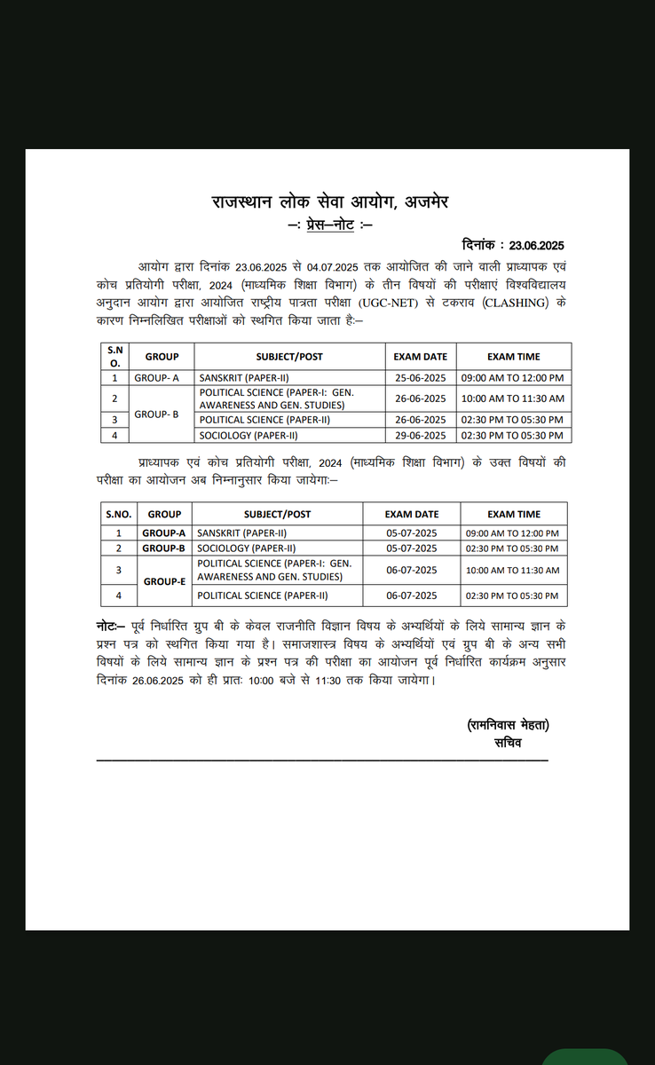 PawanKu97801696's tweet photo. @NamitaSharmaSV @manojmeena @BhajanlalBjp अब भी आधा अधूरा काम किया हैं, ये तो पूरी परीक्षा ही स्थगित करनी थी।
Home science, music, rajasthani इनका नेट का पेपर 26 को हैं और इनका 1st ग्रेड का G•K• का पेपर भी 26 को हैं।
और किसी के एग्जाम जैसे 1st ग्रेड शाम को और नेट का अगली सुबह वो भी अलग अलग जिले में हैं। https://t.co/ZNMd56A7e1