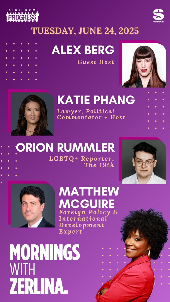 Tuesday tidings! Joining guest host <a href="/itsalexberg/">Alex Berg</a>: Lawyer, Political Commentator &amp; Host <a href="/KatiePhang/">Katie Phang</a> , The 19th LGBTQ+ Reporter Orion Rummler + Foreign Policy &amp; National Development Expert Matthew McGuire!

☎️ 866-997-4748
📻 <a href="/SiriusXMProg/">SiriusXMProg.bsky.social</a> Ch. 127
siriusxm.us/Zerlina
