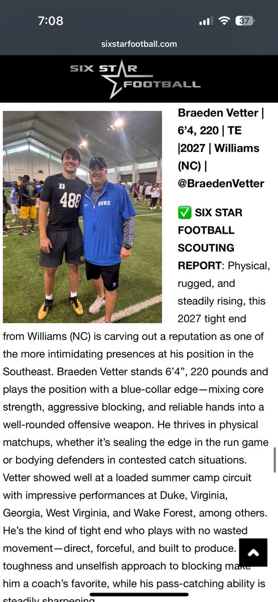 BraedenVetter's tweet photo. Thank you @sixstarfootball for the write up and coming to @DukeFOOTBALL camp!
@WHSDawgstrong @WHSDawgstrong @nchssportspage 
@PrepRedzoneNC https://t.co/2JPgcXOEH5