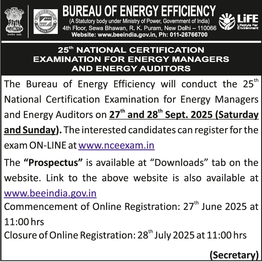 beeindiadigital's tweet photo. BEE will be conducting the 25th #NationalCertificationExamination for #EnergyManagers and #EnergyAuditors on 27 and 28 September 2025. Interested candidates can register online at https://t.co/QD0GFAd19U. https://t.co/j60BBxQJyq