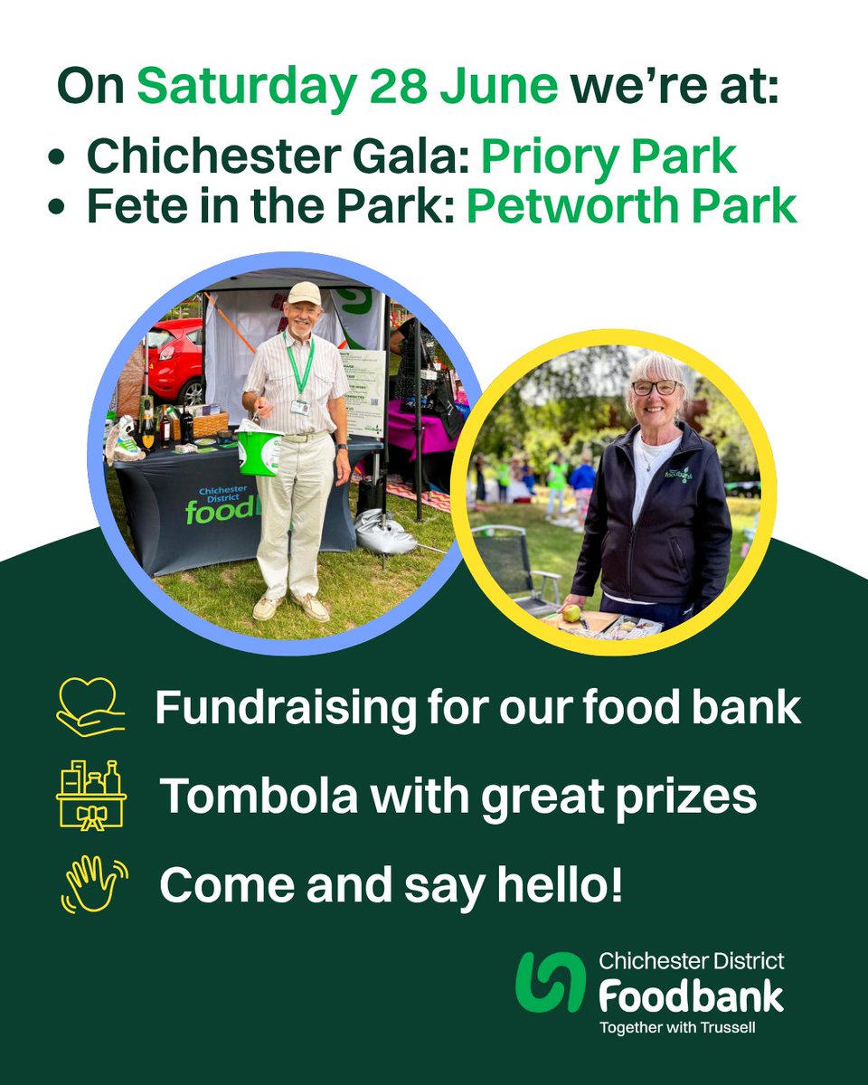 We're fundraising at the #Chichester Gala in Priory Park &amp; Fete in the Park, #Petworth this weekend! 🎉Try your luck at our tombola, packed with great prizes kindly donated by our wonderful community and local businesses. 💚 All funds raised go directly to our food bank.