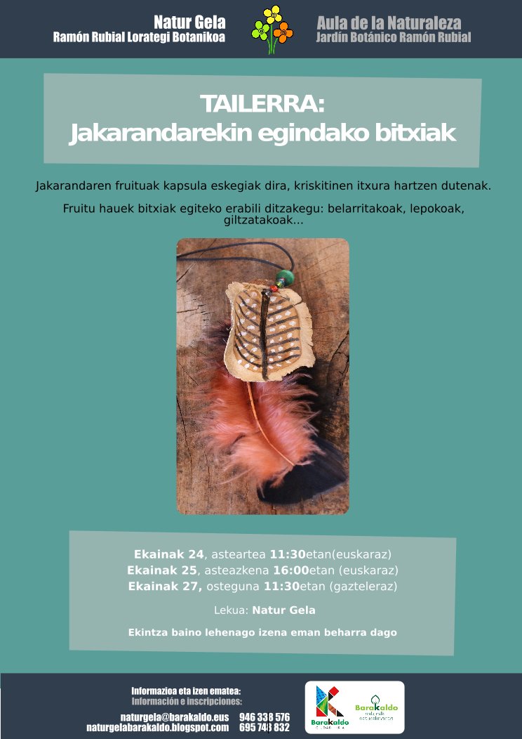 Gogoratu, naturzaleok! 
Bihar azken aukera izango duzue #JakarandarekinEgindakoBitxi-en tailerrean parte hartzeko! 🌿☘️🪴
📅 Ekainak 25 (asteazkena)
⌚️ 16:00h
🚏 Naturgela
Ez galdu aukera!!!
#NaturaEuskaraz, #AisialdiaEuskaraz, #EuskarazBizi
<a href="/naturgela/">Naturgela Barakaldo</a>