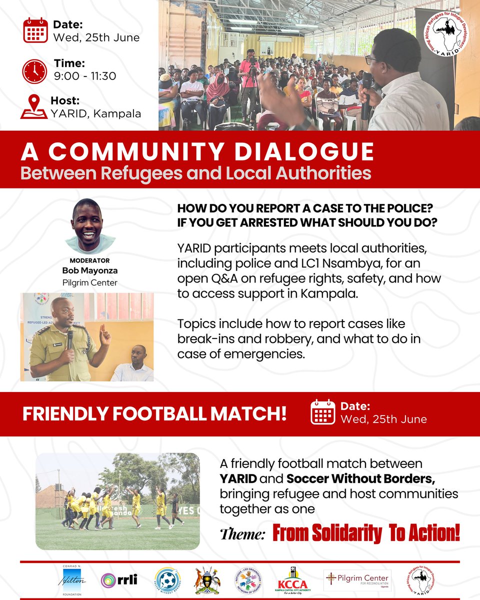 YARID Uganda (@yariduganda) on Twitter photo How do you report a case to police? What should you do if arrested?
Tomorrow 9–11:30AM, #YARID hosts a Community Dialogue with LC1 & Police to answer urgent questions on rights, safety & access to support in Kampala.
Followed by football with <a href="/SWBUganda/">SWB Uganda</a>! ⚽️
#WRD2025 How do you report a case to police? What should you do if arrested?
Tomorrow 9–11:30AM, #YARID hosts a Community Dialogue with LC1 & Police to answer urgent questions on rights, safety & access to support in Kampala.
Followed by football with <a href="/SWBUganda/">SWB Uganda</a>! ⚽️
#WRD2025