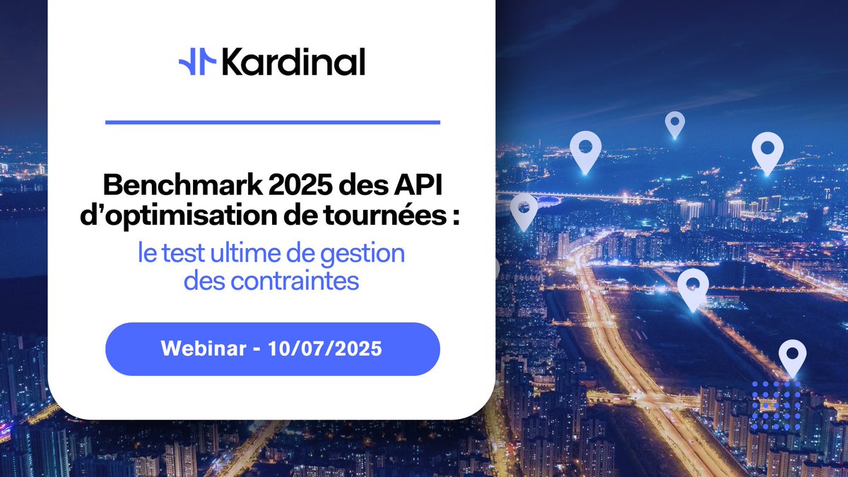 🚨 Benchmark 2025 des APIs d’optimisation de tournées
8 solutions testées, 63 contraintes métier réelles, 1 objectif : évaluer leur réalisme opérationnel.
📅 Résultats dévoilés en webinar le 10 juillet !
👉 Inscription : app.livestorm.co/kardinal-ai/be…
#Logistique #API #SaaS #Transport
