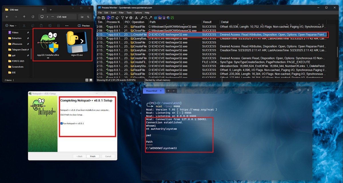 【情报】Notepad++存在高危提权漏洞🚨🚨🚨
Notepad++ 安装器在寻找依赖可执行程序时，会先在当前文件夹中查找，用户运行安装器后自动加载目录下的所有程序，放入恶意程序后即可被提权至 SYSTEM权限😂
这个漏洞在实战比较鸡肋，前提是已经有主机权限了，但提权不了的场景，且机主想要安装NotePad++🧐