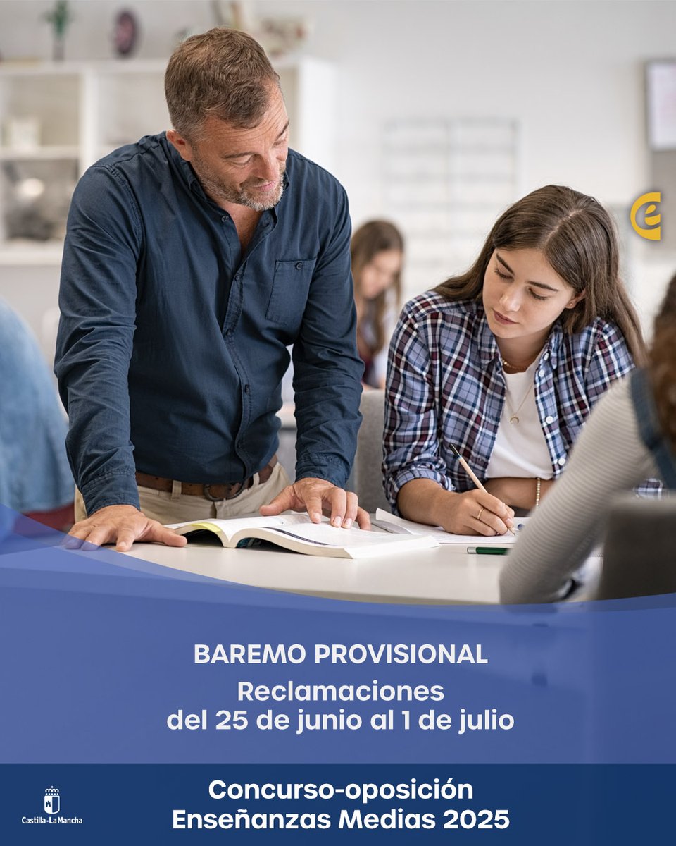📢 Publicado el baremo provisional del Concurso-Oposición Enseñanzas Medias 2025.

🗓️ Reclamaciones: del 25/06 al 01/07

🔗 Más información y listados: educa.jccm.es/es/oposicion/c…
#Oposiciones2025 #EducaciónCLM