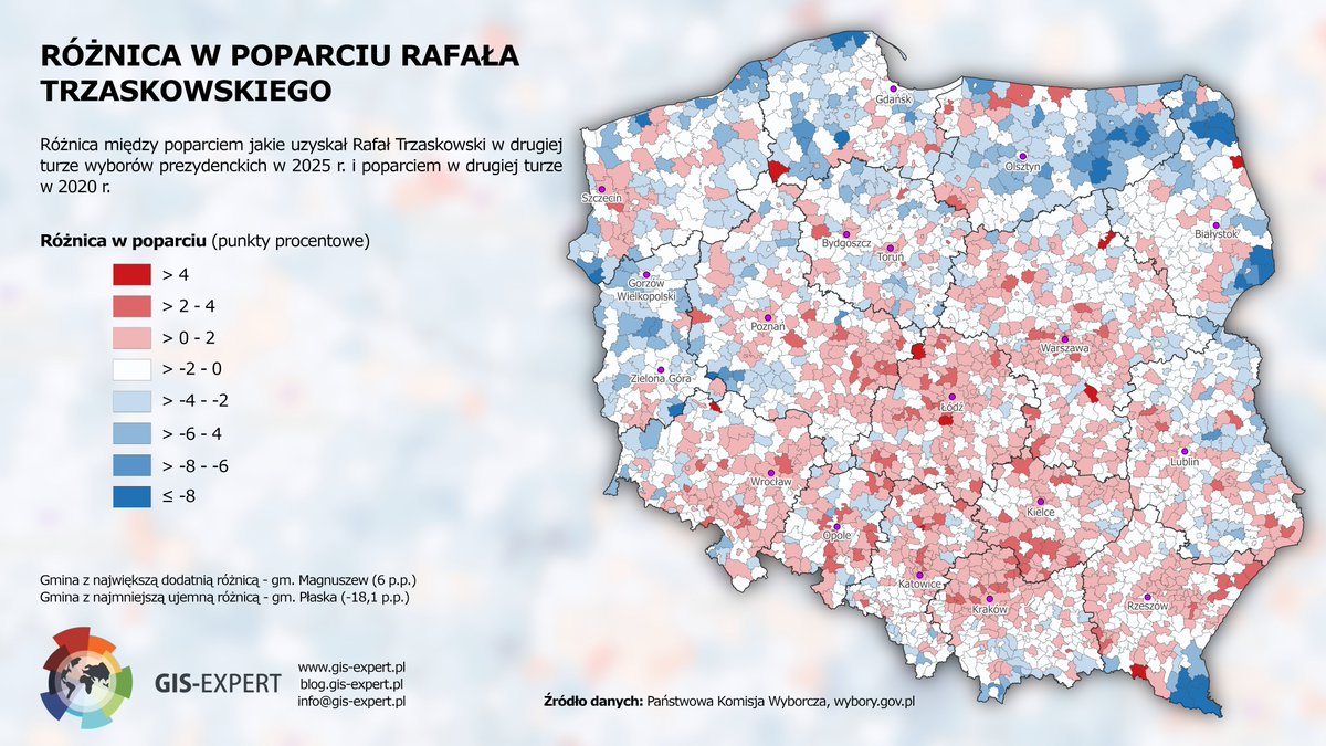 GISExpertPL's tweet photo. Różnica między poparciem jakie uzyskał R. Trzaskowski w II turze wyborów w 2025 i 2020 r.
#Wybory #WyboryPrezydenckie2025 https://t.co/89lPEmRK1o