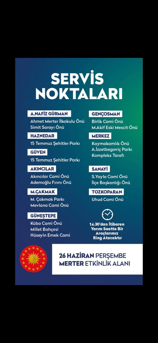 AkPartiGngren's tweet photo. Cumhurbaşkanımız Sn. Recep Tayyip ERDOĞAN Güngörene geliyor! 
Temel atma, Toplu açılış ve Anahtar Teslim Programımıza katılım sağlayacak komşularımız için Araç kalkış noktalarımız;

@abdullahozdemir 
@dvrnyalcinkaya https://t.co/ntVFNSHTzp