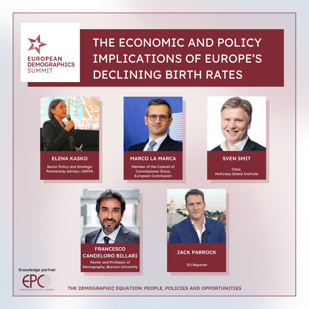 👥 #EUDemographics2025: Panel Announcement!

Join the European Demographics Summit 2025 at FEB/VBO, Brussels, for the panel: "The economic and policy implications of Europe's declining birth rates".

🗣️ Speakers:

Elena Kasko, Senior Policy and Strategic Partnership Advisor,