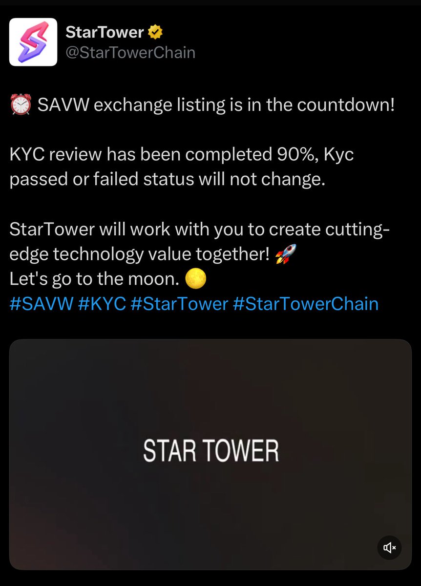 CryptoColaX's tweet photo. ⚡️ StarTower $SAVW exchange listing countdown!
- 90% KYC review complete, final statuses confirmed.
Bullish on @NetworkNoya 🔥
#StarTowerChain #Airdrop #cryptocurrency https://t.co/jYT2j1Iyuc