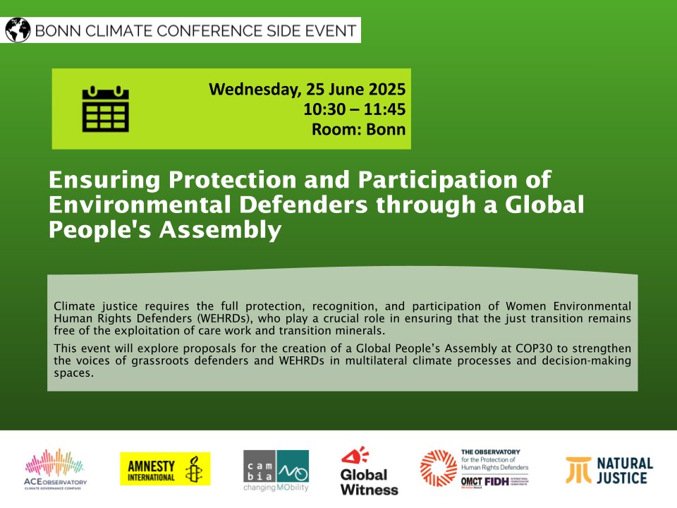 BHR_FIDH's tweet image. Climate action & truly just transitions require the full protection, recognition & participation of Women Environmental Human Rights Defenders.
🗣️Join our side event TOMORROW at the #SB62 in Bonn to explore proposals to strengthen & amplify their voices in the lead-up to #COP30!