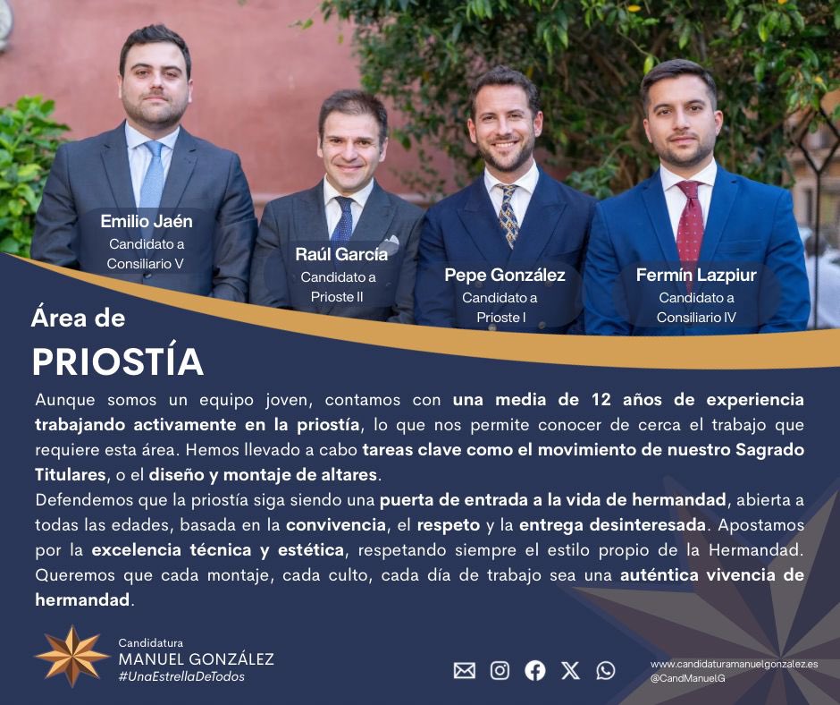 CandManuelG's tweet photo. 🔵 ÁREA DE PRIOSTÍA 

⭐️ Equipo joven con 12 años de experiencia en priostía, comprometidos con la excelencia y el estilo de la Hermandad

⭐️ Defienden una priostía abierta, basada en la convivencia y vivencias de Hermandad

ℹ️ https://t.co/oSnFWbGlCm

#UnaEstrellaDeTodos https://t.co/GD1zG4no7b