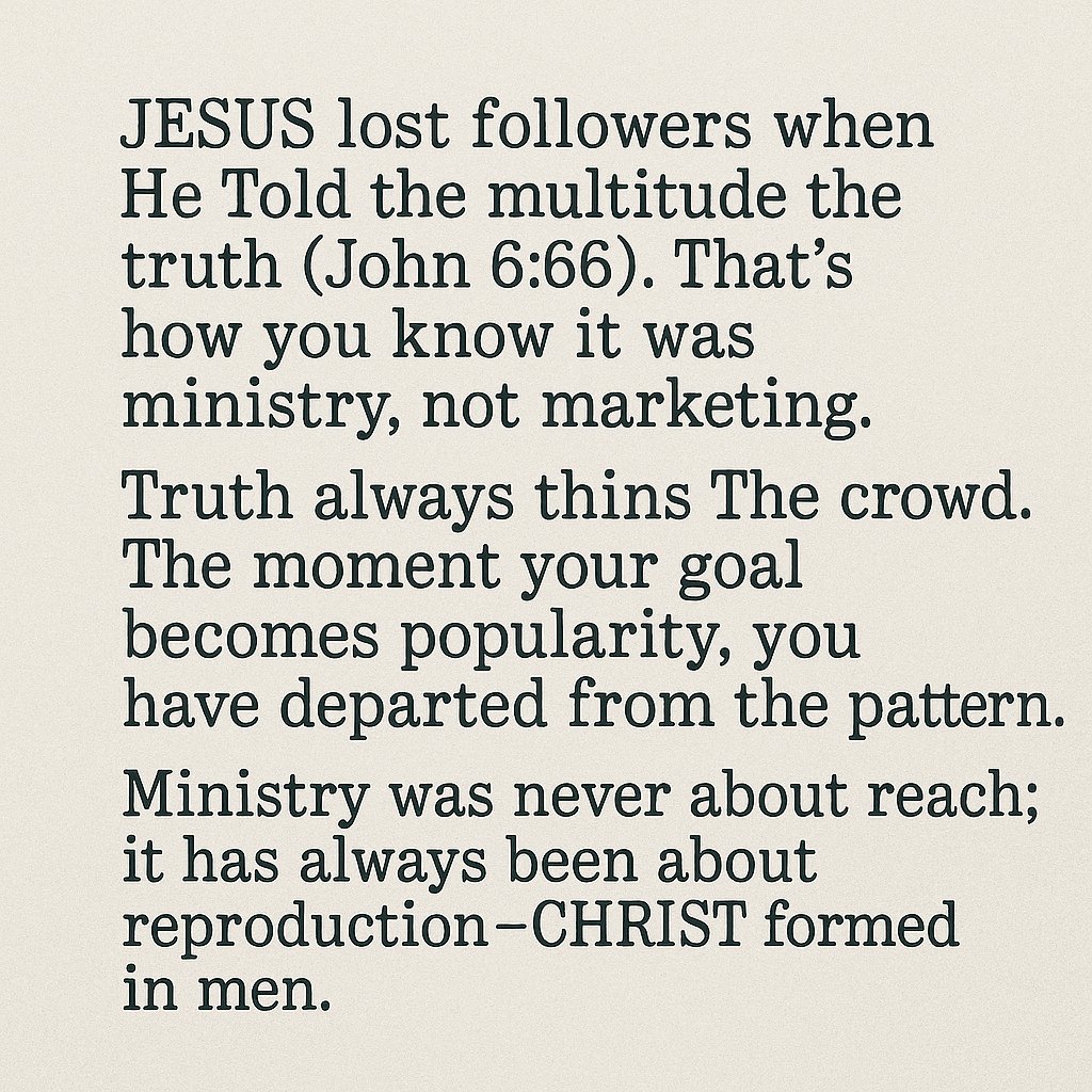 RevToluAgboola's tweet image. JESUS lost followers when He Told The Multitude the truth (John 6:66). That’s how you know it was ministry not marketing.
Truth Always thins The crowd.
The moment your goal becomes popularity, you have departed from the pattern.
Ministry was never about reach; it has always been…