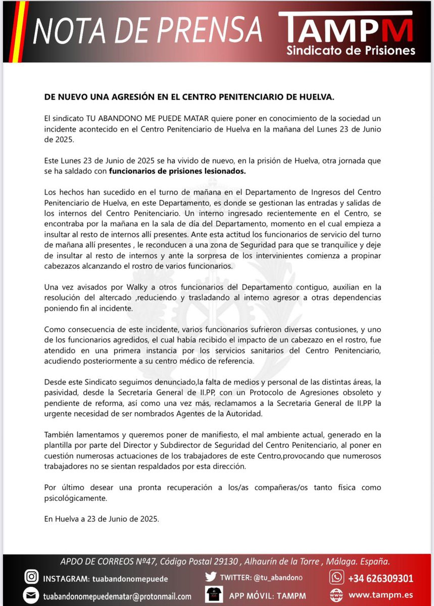 Y seguimos con agresiones diarias, seguimos sin q #Marlaska actúe y lo peor: ya ha habido trabajadores de #SOSprisiones asesinados,y ni con esas

🚨Urge:
#AgentesAutoridad
Endurecimiento penas
Actualización PEAFA
Medios

Todo mi apoyo a nuestros funcionarios y pronta recuperación