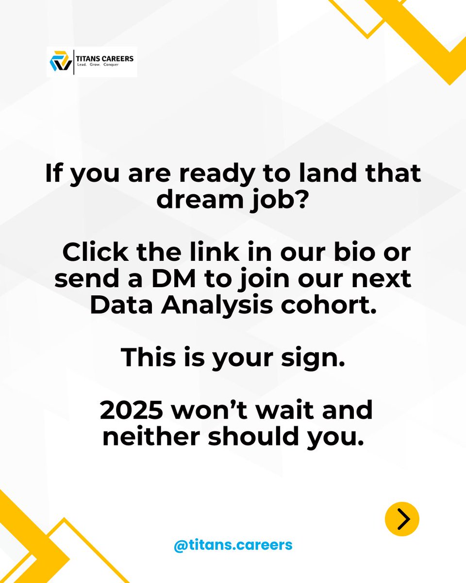 TitansCareers's tweet image. Want to start building the career you know you deserve?
Send a DM or click the link in our bio to join the next cohort.
#dataanalysiscourse #datajobs #ukjobmarket #titanscareers #dataskills #dataanalysis