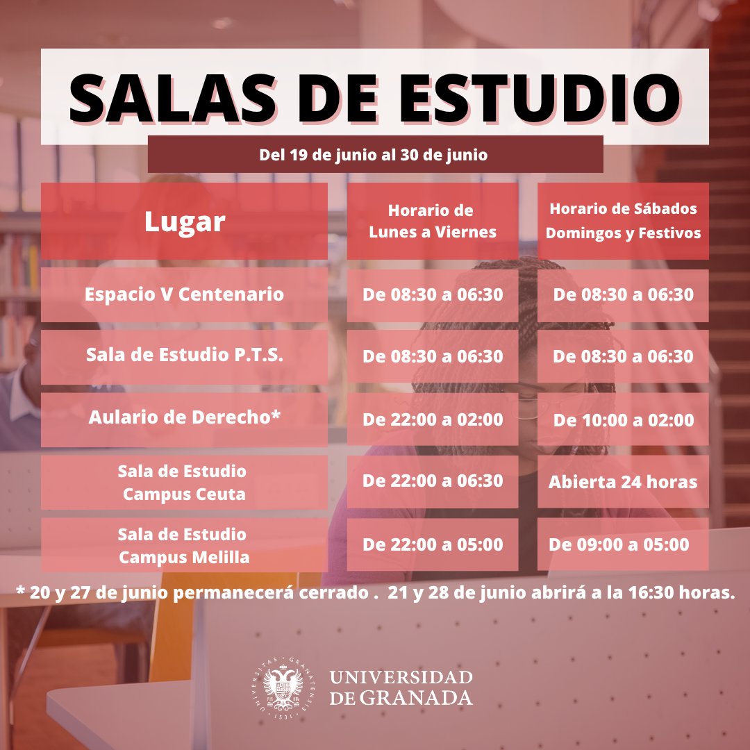 📅 ¡Ya están disponibles los horarios de las salas de estudio de la UGR del 19 al 30 de junio de 2025! Consulta los detalles y organiza tu tiempo. 📚 #SalasDeEstudioUGR #CampusGranada #Estudios