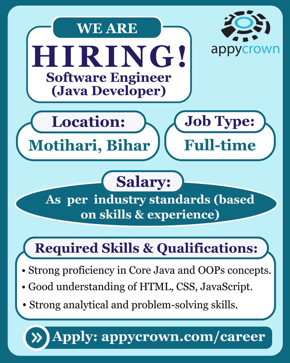 💼 Hiring: Software Engineer (Java Developer)
AppyCrown is looking for a skilled Java Developer to join our team.
🔹 Experience: 1–3 Years
appycrown.com/career/
#JavaDeveloper #Hiring #SoftwareEngineer #JoinOurTeam