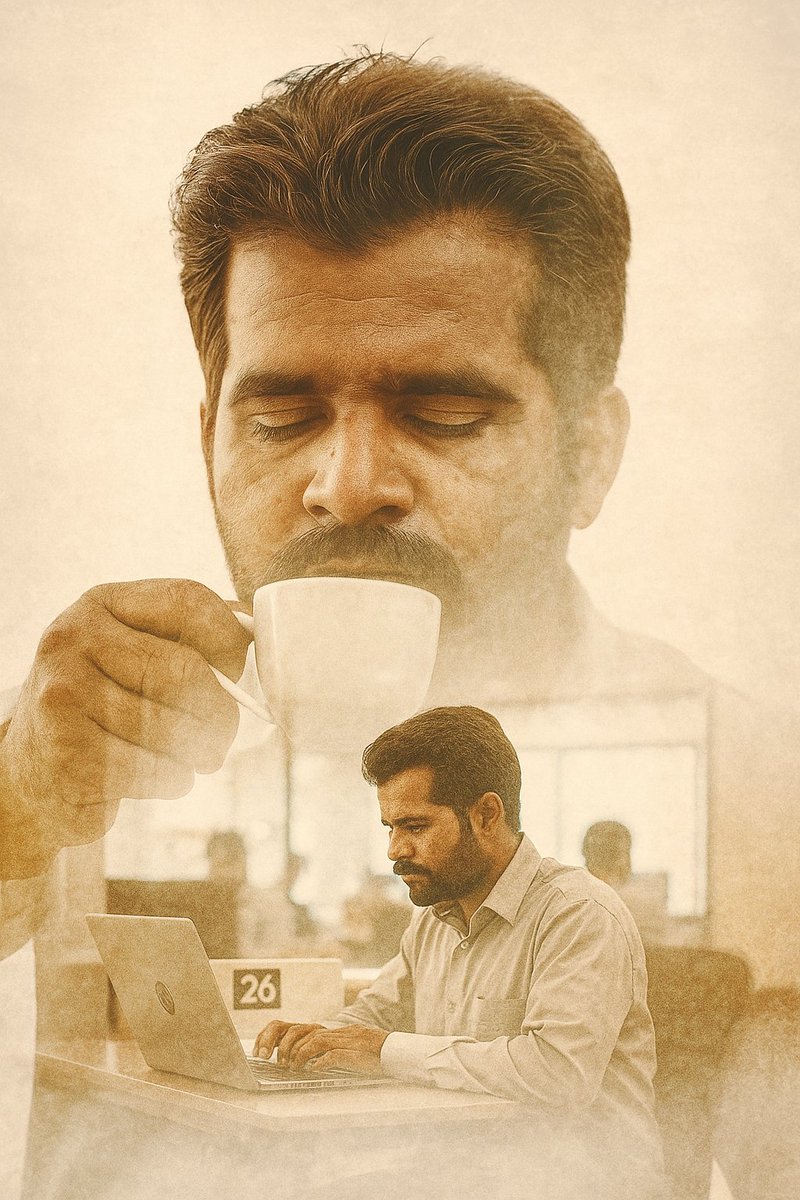 KDrathore02's tweet photo. A cinematic double exposure of a person given below in the image, sipping a cup of coffee, his weathered face calm and thoughtful. Inside his silhouette, a vivid scene shows the same person working hard in a corporate office in a laptop The visual contrast blends peaceful. https://t.co/8Uj09M0rNZ