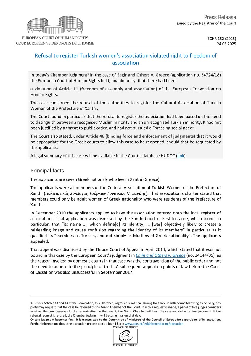 Judgment Sagir and Others v. Greece - European court considers it necessary that Greek courts re-examine refusal to register Turkish women's association 
hudoc.echr.coe.int/app/conversion…
#ECHR #CEDH #ECHRpress