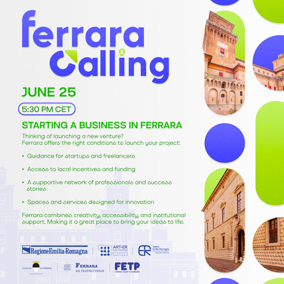 FerraraSipro's tweet image. Vuoi avviare un'impresa a #Ferrara?
📅 Il 25/06 alle 17.30 partecipa al webinar “Starting a Business in Ferrara”, un evento per presentare le opportunità offerte dal territorio. Tra i relatori anche Sipro.
siproferrara.com/comunicazione/…
#StartupFerrara #Sipro #Webinar