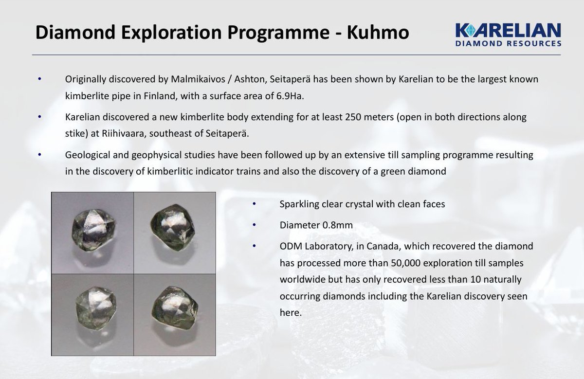 KarelianDRplc's tweet image. Diamond Exploration Programme - Kuhmo 

💎 Originally discovered by Malmikaivos / Ashton, Seitaperä has been shown by Karelian to be the largest known kimberlite pipe in Finland, with a surface area of 6.9Ha. 

Read more: buff.ly/hpuTcJW 

#Diamonds #KDR
