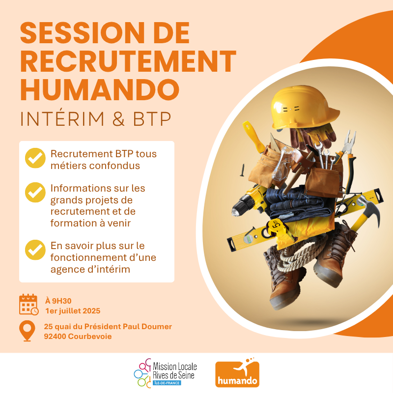 La MLRDS organise, avec <a href="/Humando_rh/">Humando</a>  , une matinée dédiée aux jeunes intéressés par les métiers du bâtiment ou curieux de découvrir l’univers de l’intérim et des grands chantiers.

Inscription obligatoire
Pour s’inscrire, veuillez contacter votre antenne : mlrivesdeseine.com/la-mission-loc…