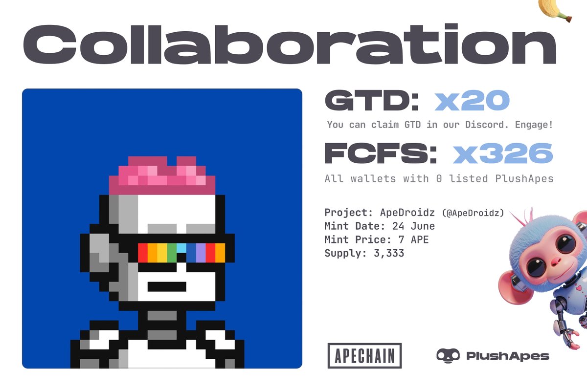 PlushApes's tweet image. π 20 @ApeDroidz GTD spots are available for claim through Engage in Plush Discord and ALL delisted holders are FCFS.
How to join:
1οΈβ£Follow @ApeDroidz & @PlushApes
2β£ Like & RT this post
3οΈβ£Drop your wallet below
3 hours
Mint today on @bleverxyz: app.blever.xyz/drops/apedroidz