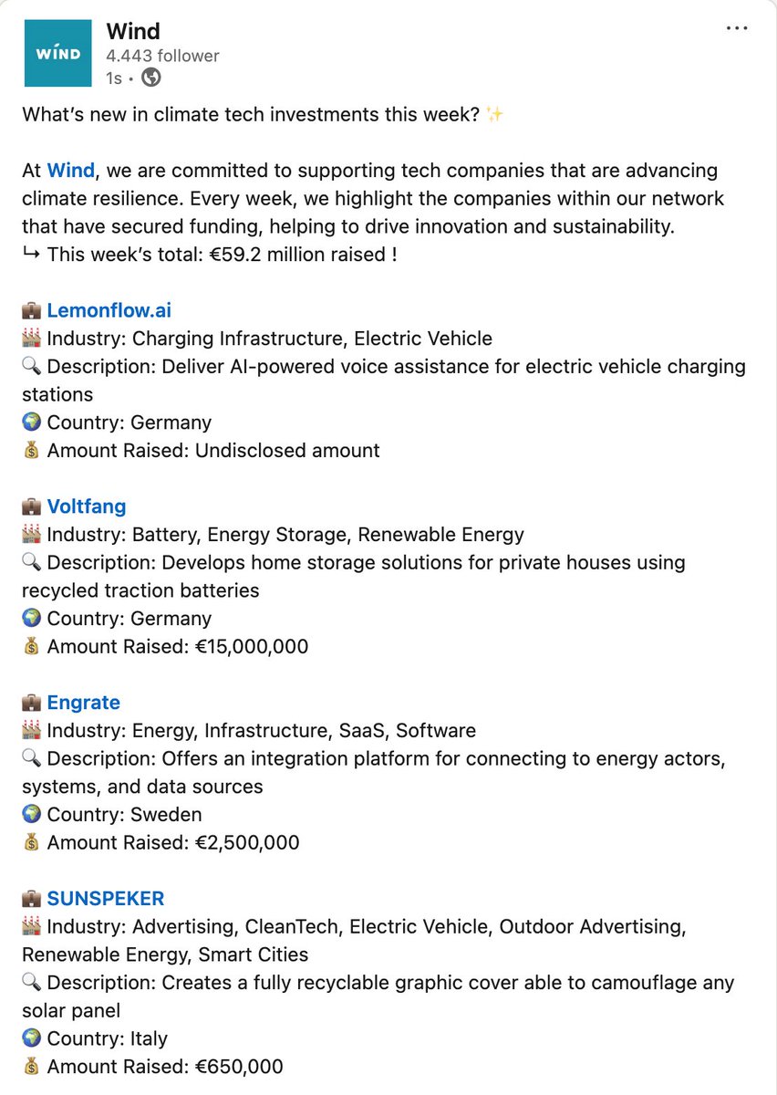 sunspeker's tweet photo. Thanks to #WindCapital (the French #VC), for including us in their list of #ClimateTech companies that recently raised new funding!
https://t.co/iSh2mjA1Pe
#BeSmartBeSunny
#SeeBeyond
#fundraising https://t.co/uaurNJGdxd
