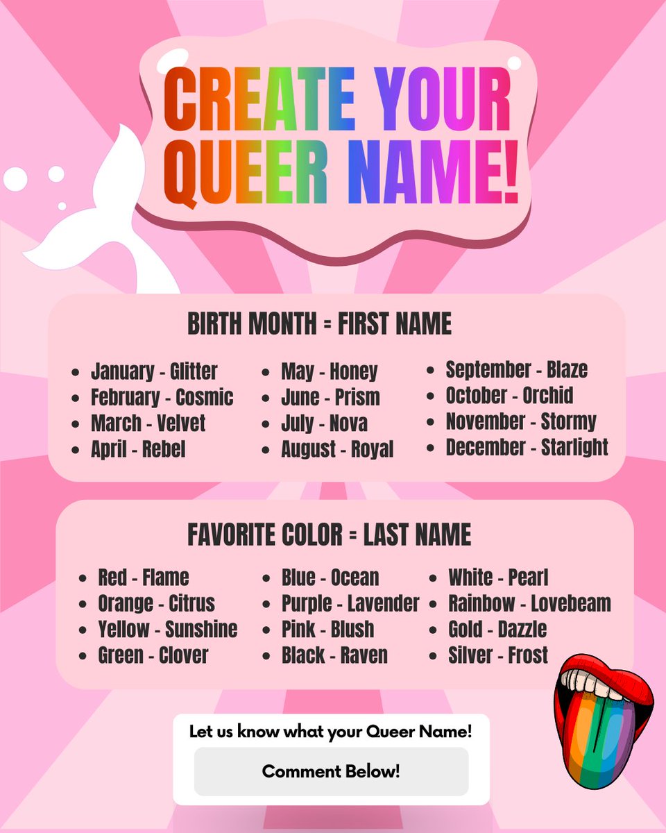 JoyRead_Novels's tweet photo. 🌈 What’s your Queer Name?
Use your birth month + favorite color and drop your fabulous name in the comments below! 💅✨
💖 The 10 funniest names will win pearl rewards!
So go all out — make us laugh, sparkle, and swoon! 💬👇
https://t.co/ZcpthDMmNx
#QueerNameGame #PrideFun https://t.co/WDyD3kXZdJ