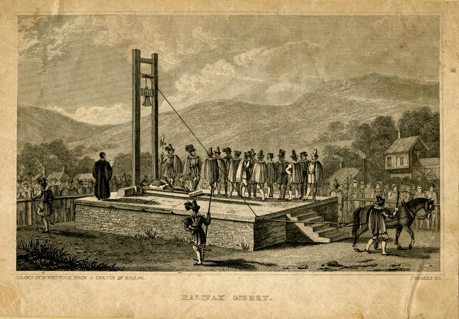 Nathanial Whittock’s drawing after a sketch by Wenceslaus Hollar (1607-1677) of the Halifax Gibbet, an early guillotine. It is not known when the Gibbet Law of Halifax was first enforced, but it was introduced around 1280, by the Earl of Warrene (Manor of Wakefield).