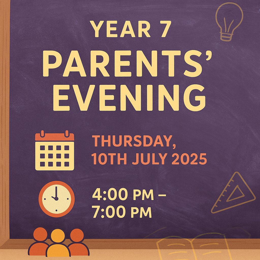 Date for your diary:

Year 7 Parents Evening
Thursday,  10th July 2025
4:00PM - 7:00PM

#ThistleyHoughAcademy #CreativeEducationTrust