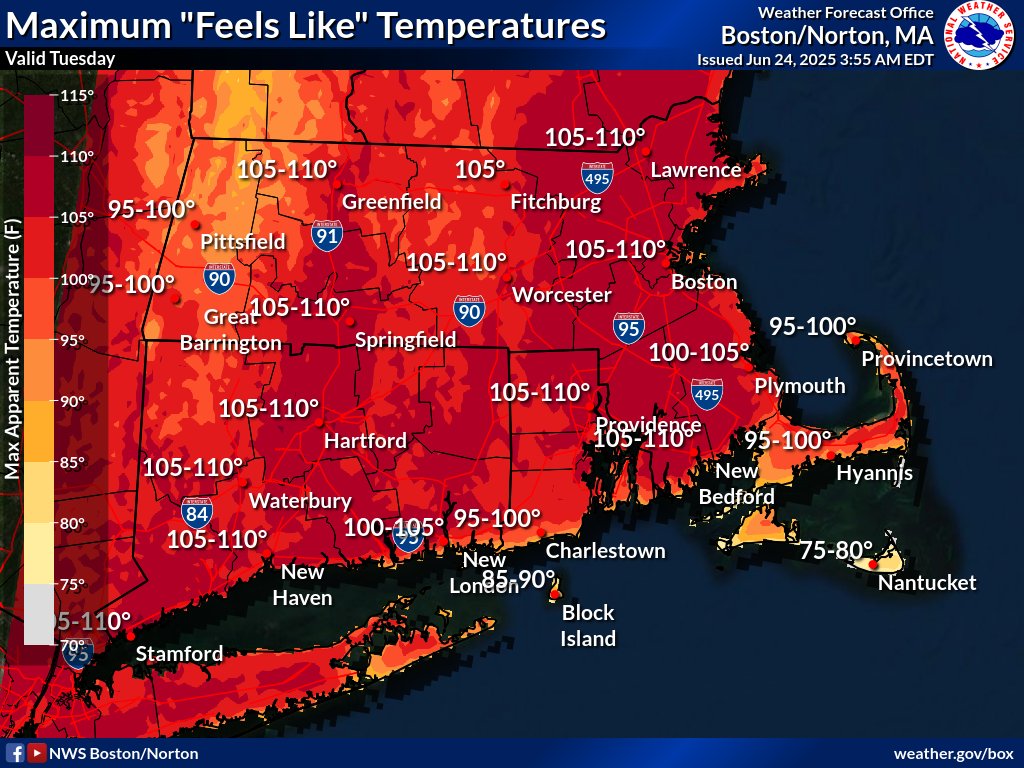 Extreme heat today may challenge June monthly record highs at several sites:
📍BOS: 100°F (2021/1952/1925)
📍ORH: 98°F (1952)
📍PVD: 98°F (1945/1943)
📍BDL: 100°F (1964/1952)
Heat indices 100–110°F. Excessive Heat Warnings &amp; Air Quality Alerts remain in effect. #MAwx #RIwx #CTwx
