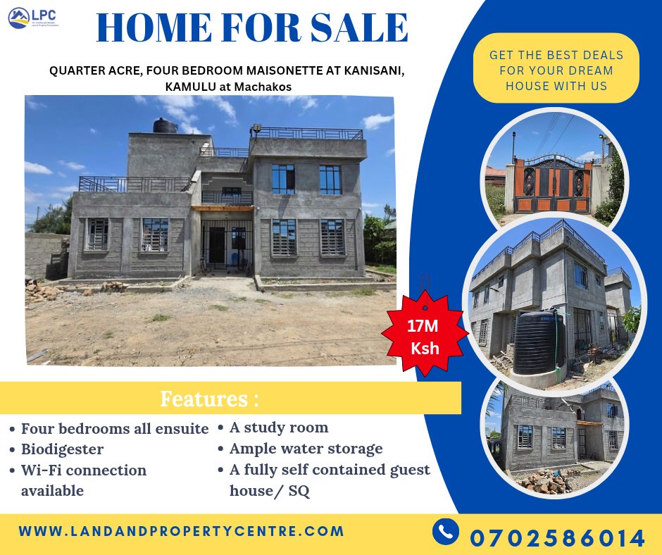 LandPropertyCnt's tweet photo. Looking for your forever home?
This beautiful 4-bedroom maisonette sitting on a spacious quarter acre is now available at Kanisani, Kamulu  Machakos.

Enjoy peaceful suburban living just a short drive from Nairobi, with enough space for your family, garden, and future plans! https://t.co/Wt9zKzLl30