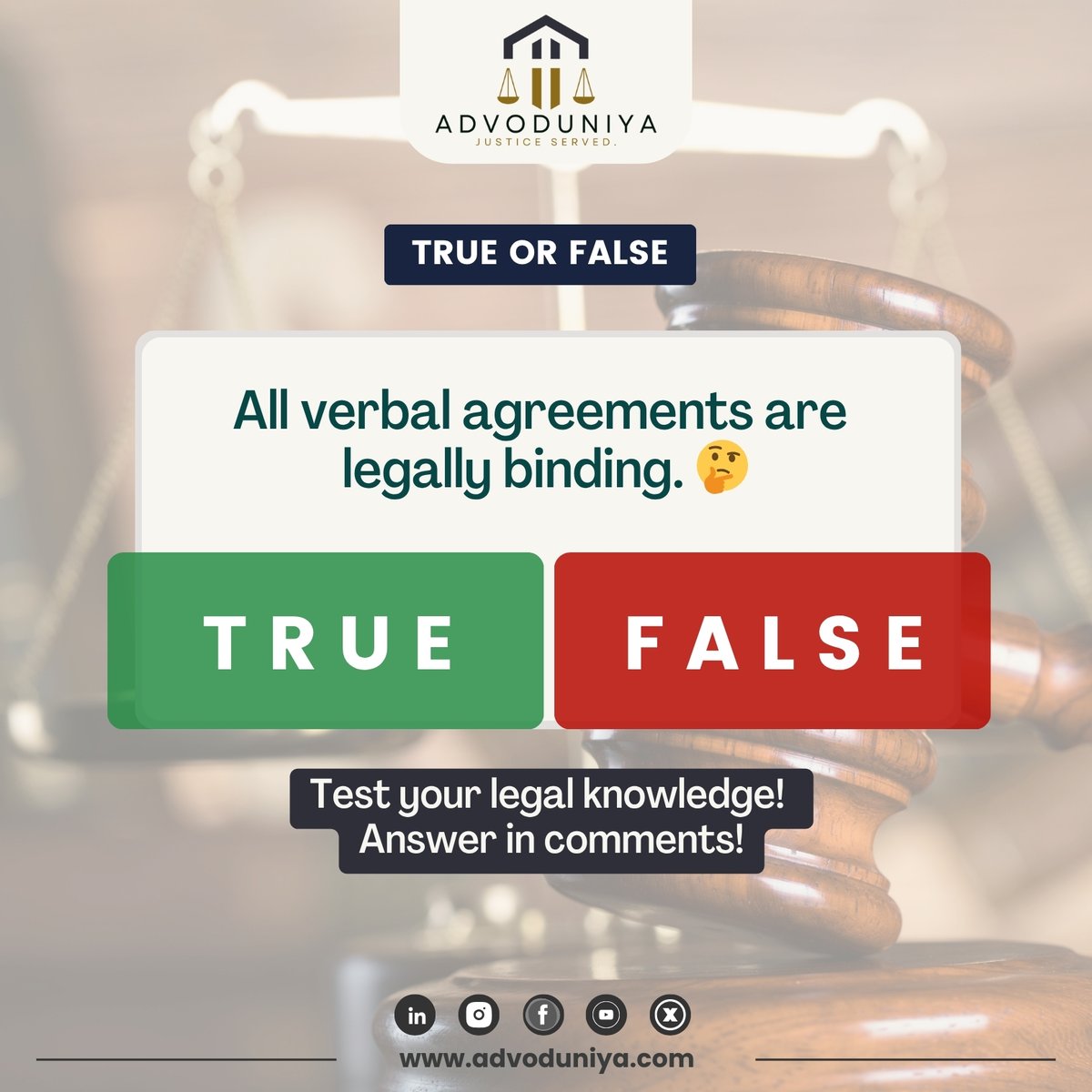 advoduniya's tweet image. True or False? 🤔 

Test your knowledge with today&apos;s quick question! Drop your answer in the comments below. Let&apos;s see who knows their legal right! 
#TrueOrFalse #QuizTime #KnowledgeCheck #advoduniya #legalservices #legaladvice