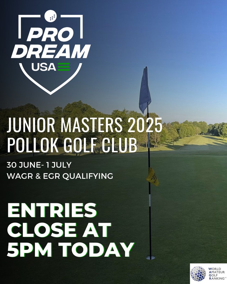 |LAST CHANCE TO ENTER|

Don't miss out on the opportunity to enter the ProDreamUSA Junior Masters at Pollok Golf Club on 30th June- 1st July.

📅 Register now before it’s too late.

Visit the NewsHub section of our website to enter ⛳ ➡️ prodreamusa.com/post/prodreamu…