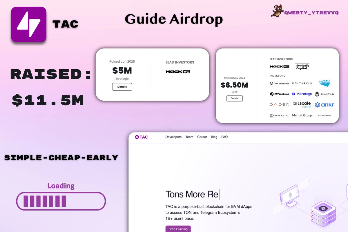 qwerty_ytrevvq's tweet photo. TAC Live → First Major Airdrop Testnet on TON.

Cost: Free
Time: 3-5 min
Rewards: ~$1000–$5000

New L1 on TON that brings EVM apps to Telegram.
Early testnet access, $11.5M backing and clear airdrop signals. 

Here’s your early guide 👇🧵 https://t.co/lK7ghbLm0m