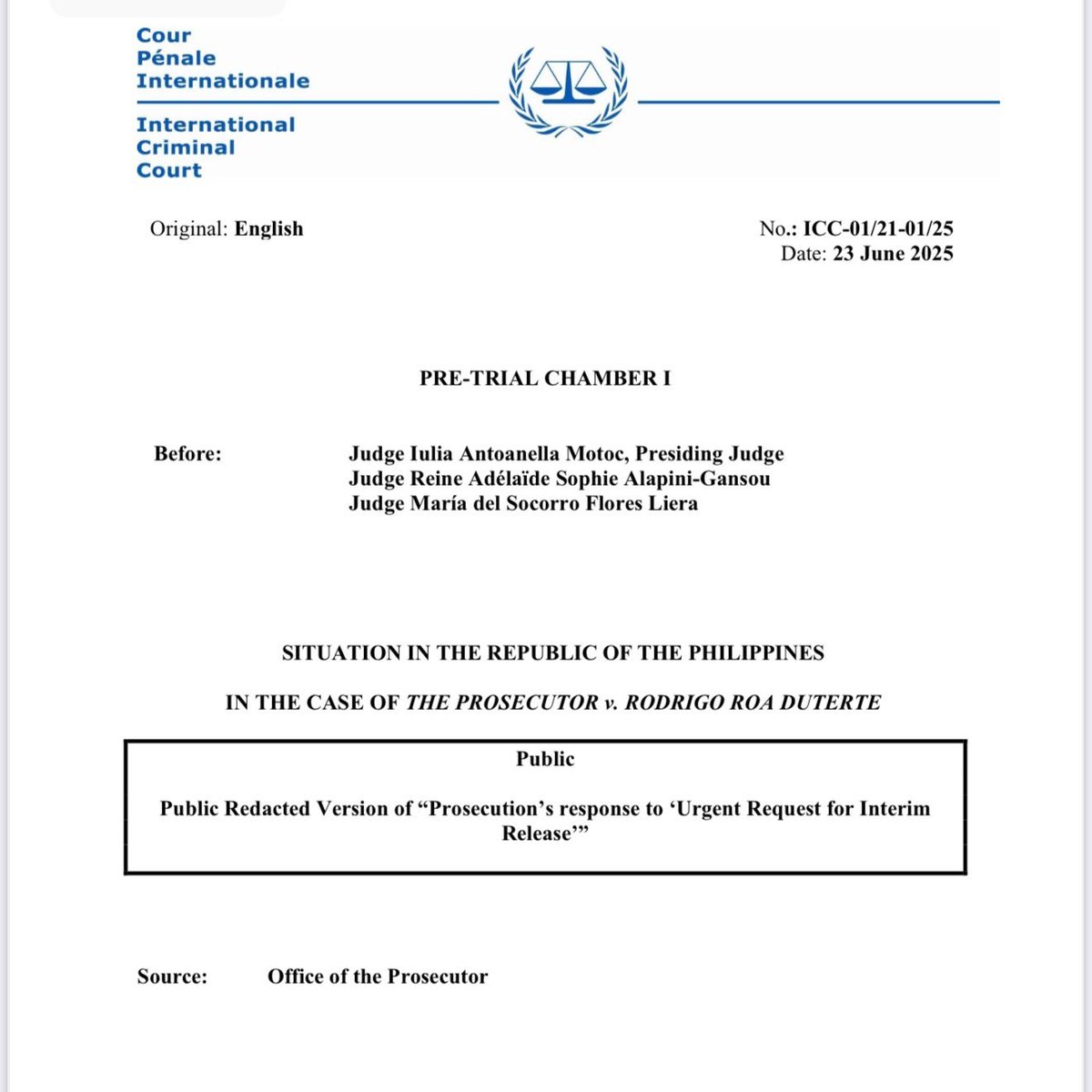 JUST IN: The Office of the Prosecutor has urged the International Criminal Court to reject former President Rodrigo Duterte’s request for interim release.

Prosecutors argued  that Duterte's detention remains necessary to ensure he appears for trial, does not obstruct or endanger