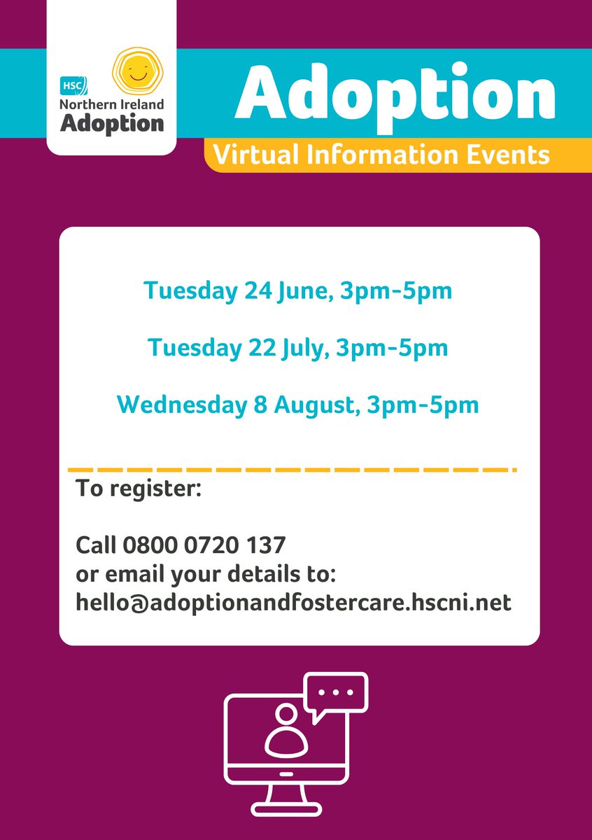Western Trust (@westernhsctrust) on Twitter photo We are hosting a number of virtual adoption information sessions for anyone thinking about adoption
Tue 24 Jun 3–5pm
Tue 22 Jul 3 – 5pm
Wed 8 Aug 3 – 5pm
To register
📞08000720137 or send your details to hello@adoptionandfostercare.hscni.net
#AdoptionChangesLives #HSCNIAdoption We are hosting a number of virtual adoption information sessions for anyone thinking about adoption
Tue 24 Jun 3–5pm
Tue 22 Jul 3 – 5pm
Wed 8 Aug 3 – 5pm
To register
📞08000720137 or send your details to hello@adoptionandfostercare.hscni.net
#AdoptionChangesLives #HSCNIAdoption