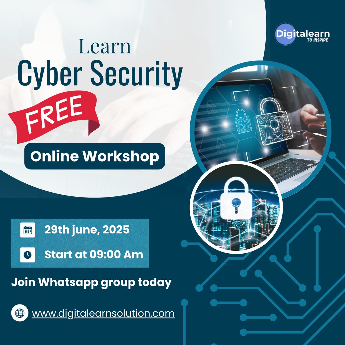 🔒 Free Online Workshop Alert!
🚨 Cyber Security by DigitalEarn
📅 29th June, 2025 | 🧠 Learn the basics &amp; stay safe online!
📲 Join our WhatsApp group today
👉 Click the link below to join WhatsApp group
chat.whatsapp.com/KaPGQl2EhS19c2…
