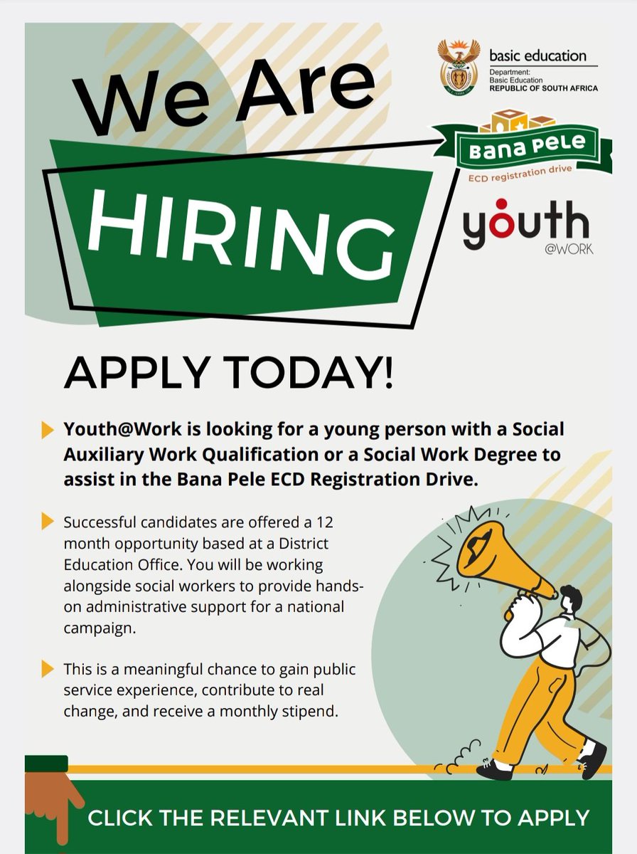 Join the Bana Pele ECD Registration Drive.

Youth@Work, in collaboration with the Department of Basic Education, is excited to announce the recruitment for the Bana Pele ECD Registration Drive. They are looking for young individuals with Social Auxiliary Work Qualifications or