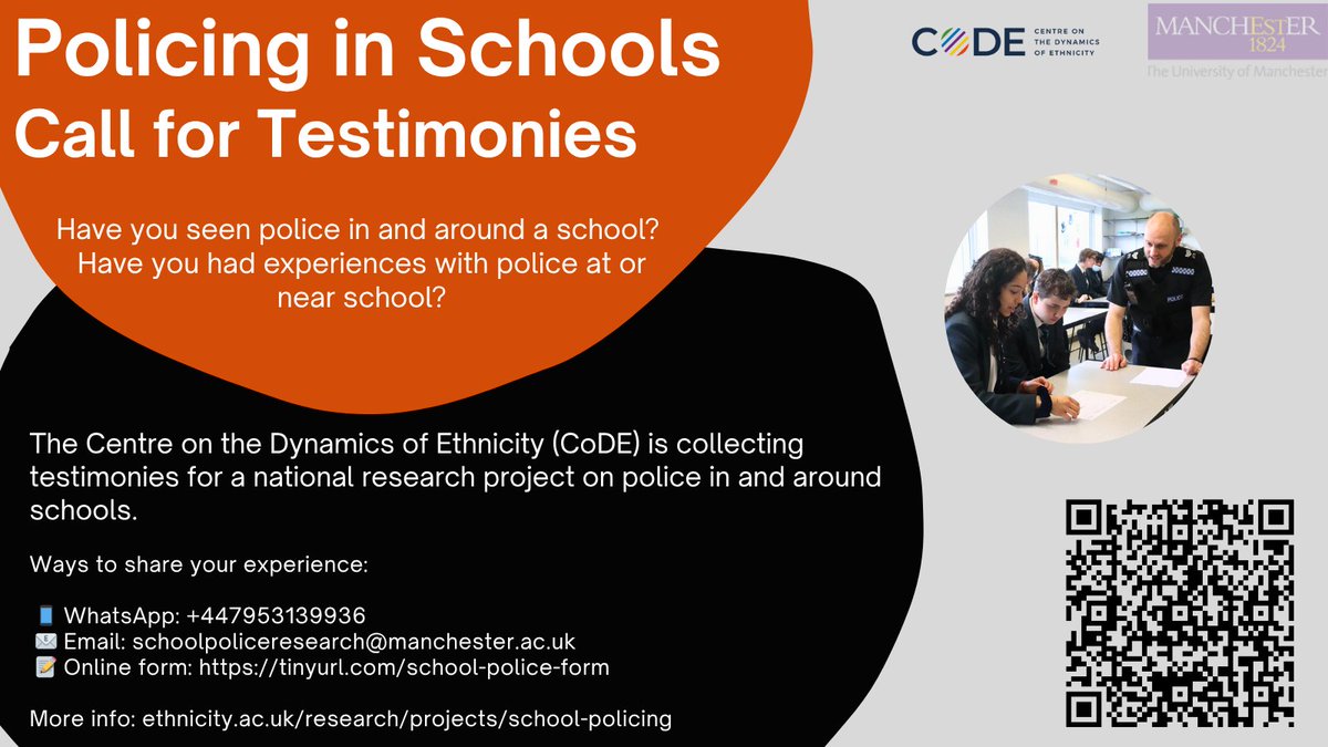 EthnicityUK's tweet photo. We’re collecting testimonies on policing in schools across England. 

Students, parents, carers, teachers, youth workers &amp; others — if you’ve got a perspective, we want to hear from you. WhatsApp, email, or online form 👇🏿. Pls share 🙏🏿
#PoliceInSchools https://t.co/B8w4xf2rjC https://t.co/9EUpwFoP6J