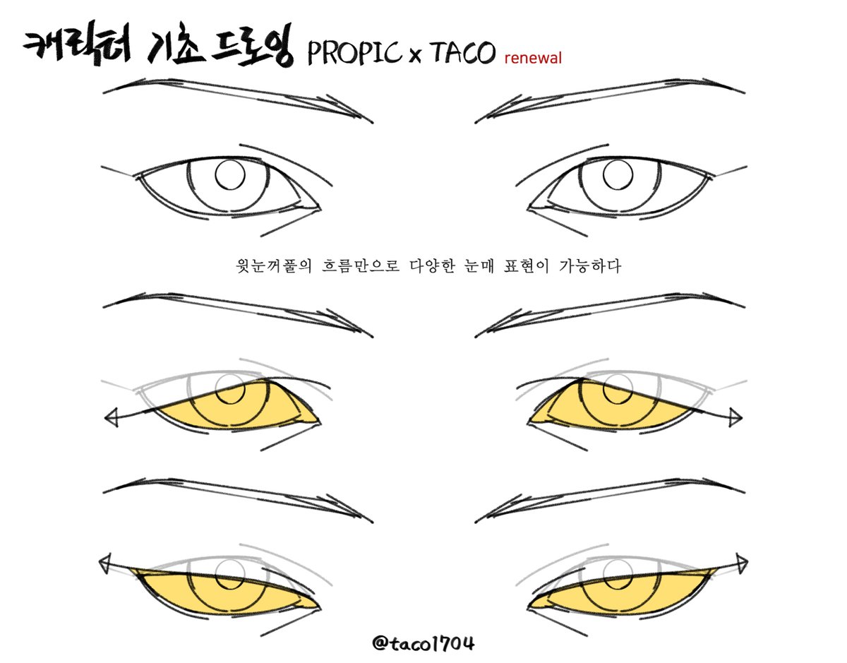 윗눈꺼풀의 흐름만으로 다양한 눈매 표현이 가능하다 
上まぶたの流れだけで様々な目元表現ができる