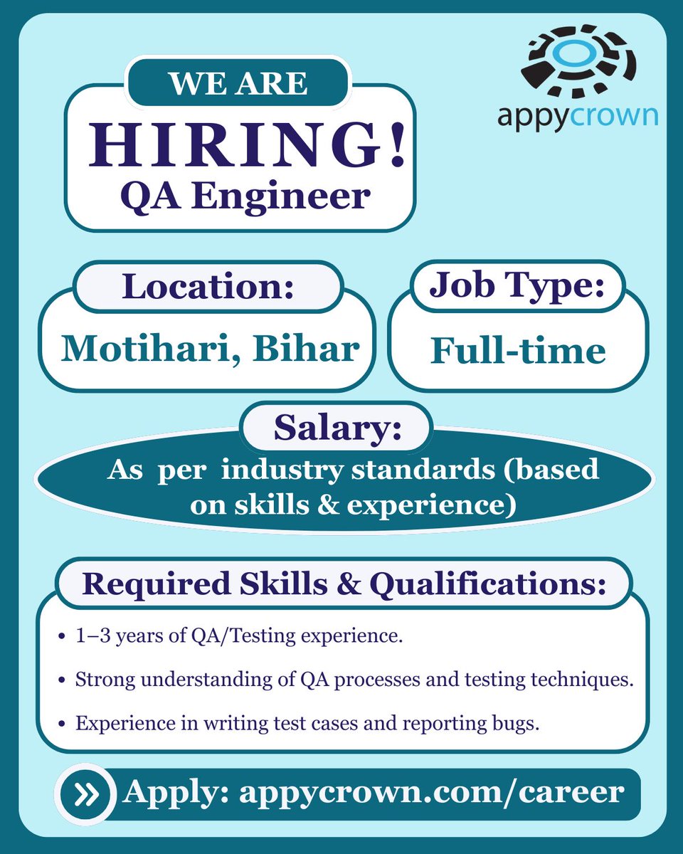 ✨ We’re Hiring: QA Engineer (1–3 Yrs Experience)
Join AppyCrown to work on high-quality digital solutions. If you’re detail-oriented and passionate about quality — we want you!
appycrown.com/career

#QAEngineer #Hiring #AppyCrown #TechJobs #JoinOurTeam