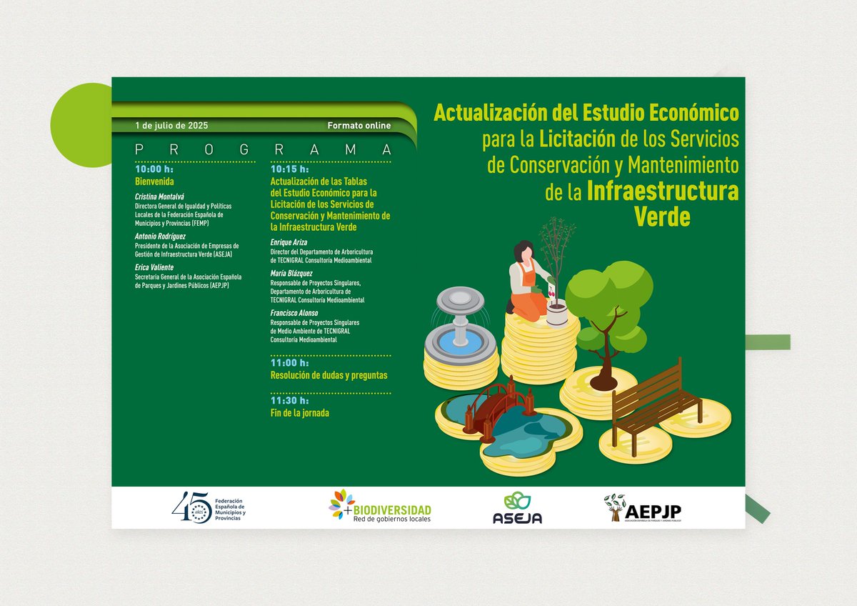 📢 El 1 de julio a las 10h, jornada online sobre la Actualización del Estudio Económico para la Licitación de Servicios de Infraestructura Verde. Organizan <a href="/fempcomunica/">FEMP</a> <a href="/ASEJASOCIACION/">ASEJA</a>  y <a href="/AEPJP/">Asociación Española de Parques y Jardines Públicos</a> 
📌 Inscripciones abiertas 👉 forms.office.com/pages/response…
#InfraestructuraVerde #AEPJP