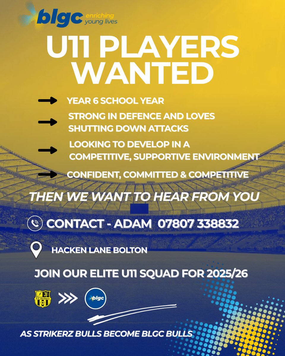 BLGC Football Club (@blgcfootball) on Twitter photo โฝ U11 Players Wanted โ 2025/26!
We're recruiting defence-minded, high-ability players yr6.
โ
Confident, committed & coachable
โ
Loves defending & shutting down attacks
โฐTraining Thurs 6-7pm.
๐Hacken Lane Bolton
๐Adam - 07807 338832 <a href="/OfficialBBDFL/">Bolton, Bury & District Football League</a> โฝ U11 Players Wanted โ 2025/26!
We're recruiting defence-minded, high-ability players yr6.
โ
Confident, committed & coachable
โ
Loves defending & shutting down attacks
โฐTraining Thurs 6-7pm.
๐Hacken Lane Bolton
๐Adam - 07807 338832 <a href="/OfficialBBDFL/">Bolton, Bury & District Football League</a>