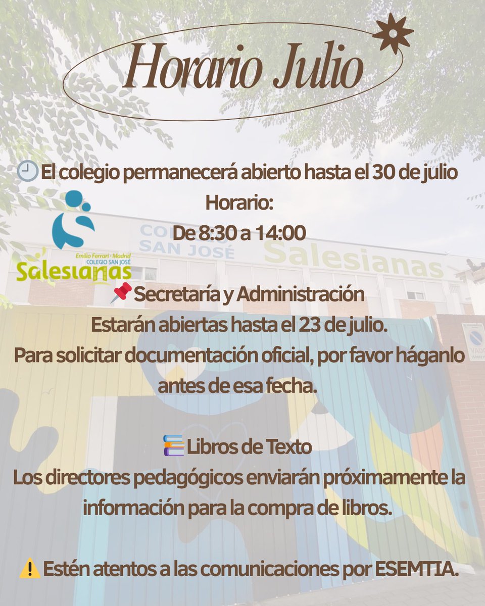 Horario del mes de Julio #confia #salesianastienesupunto✅ #laalegriadecrecerjuntos❤️